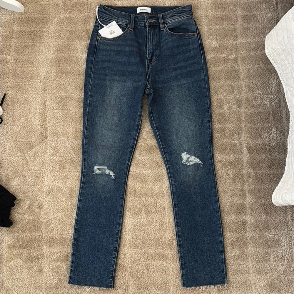 pistola Dark Wash Skinny Jeans with Knee Distress